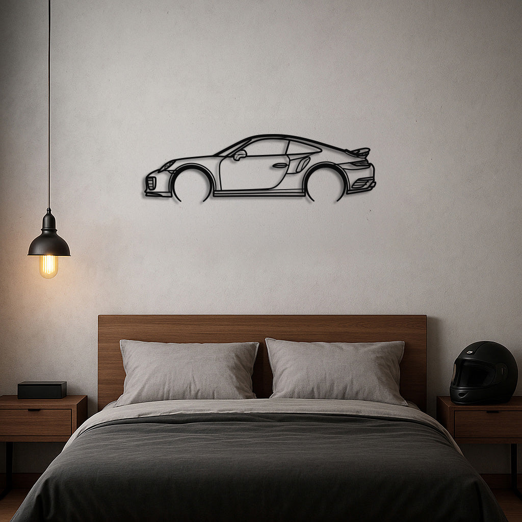 Classic Turbocharged Rear-Engine Coupe Silhouette Metal Wall Art