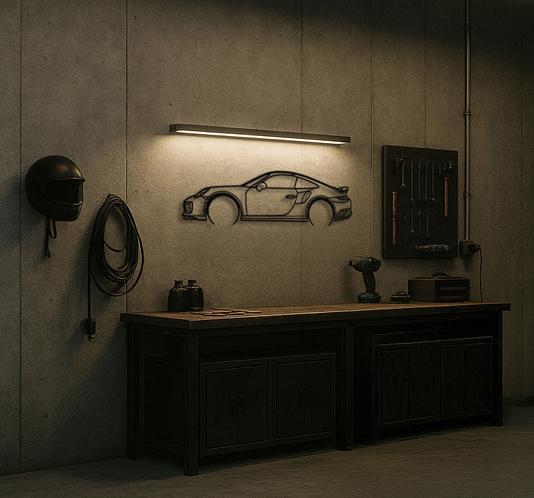Classic Turbocharged Rear-Engine Coupe Silhouette Metal Wall Art